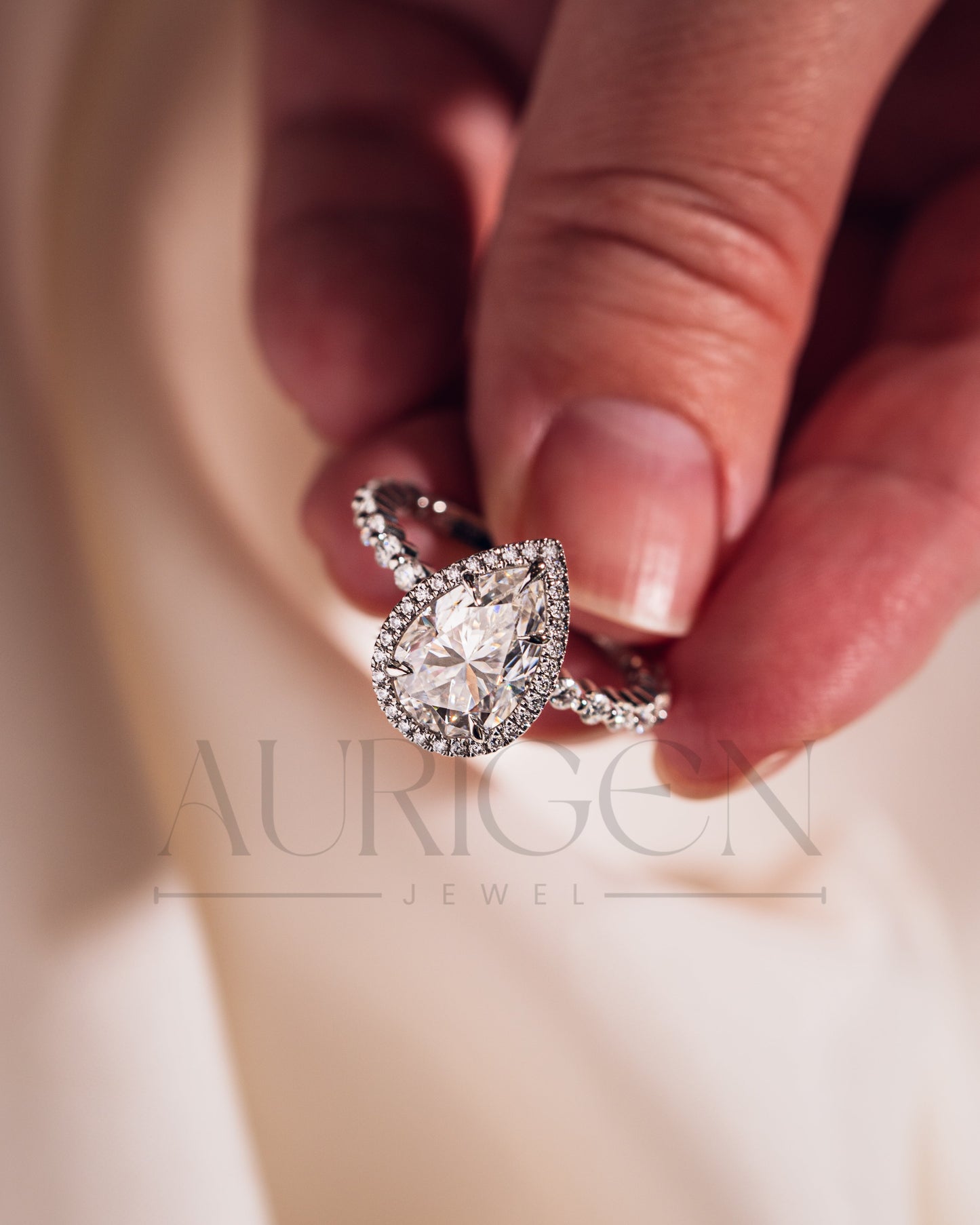 Brilliant Pear Cut Moissanite and Lab Grown Diamond Ring With Halo