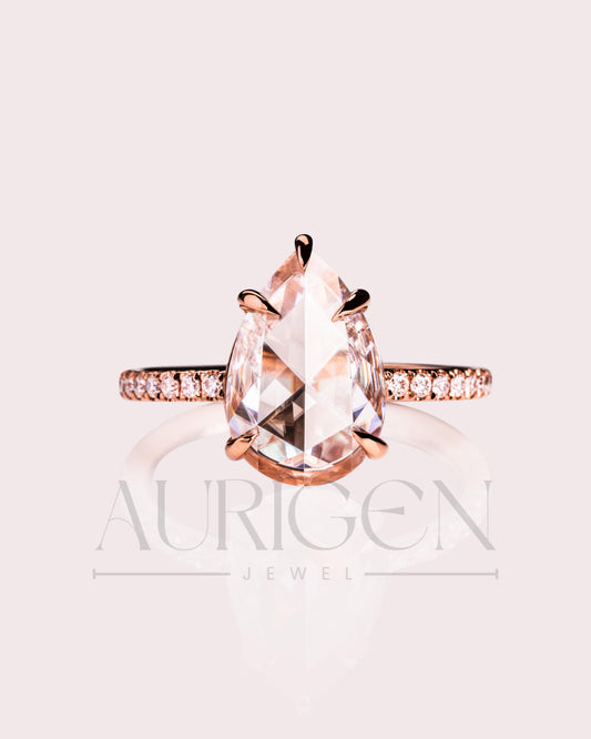 Rose Cut Pear Moissanite and Lab Grown Diamond Engagement Ring With Pave
