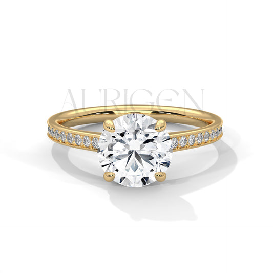 Round Brilliant Cut Diamond Engagement Ring in 14K Solid Gold with Pave Band – 4 Prong Setting