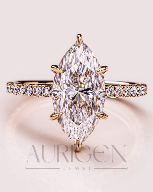 Marquise Cut Moissanite & Leb With Pave Setting Engagement Ring Halo Diamond Solid Gold Ring