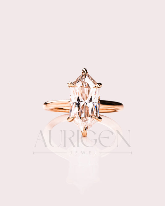 6-Prong Set Elongated Hexagon Moissanite & Leb Engagement Ring Hidden Halo 18K Rose Gold