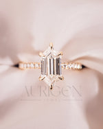 Elongated Hexagon Moissanite and Leb Ring Hidden Halo with Pave Band 14K Rose Gold