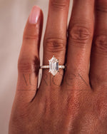 Elongated Hexagon Moissanite and Leb Ring Hidden Halo with Pave Band 14K Rose Gold