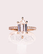 Elongated Hexagon Moissanite and Leb Ring Hidden Halo with Pave Band 14K Rose Gold