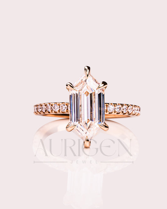 Elongated Hexagon Moissanite and Leb Ring Hidden Halo with Pave Band 14K Rose Gold