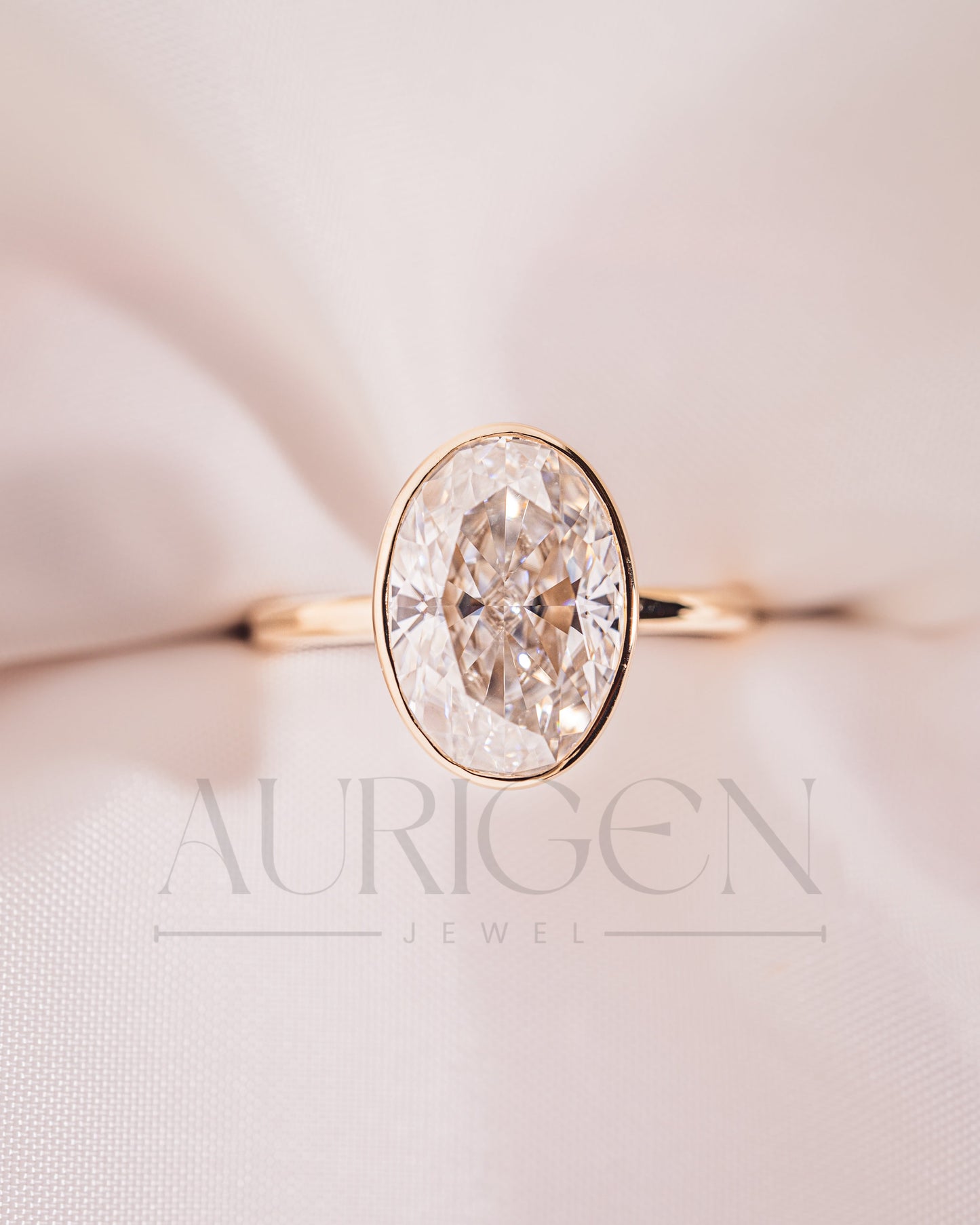 Modern Oval Cut Moissanite and Lab Grown Diamond Bezel Solitaire Ring in 14K Rose Gold