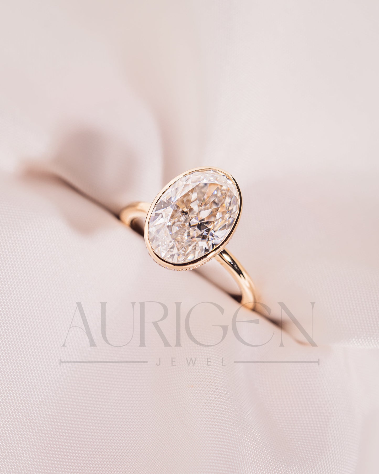 Modern Oval Cut Moissanite and Lab Grown Diamond Bezel Solitaire Ring in 14K Rose Gold