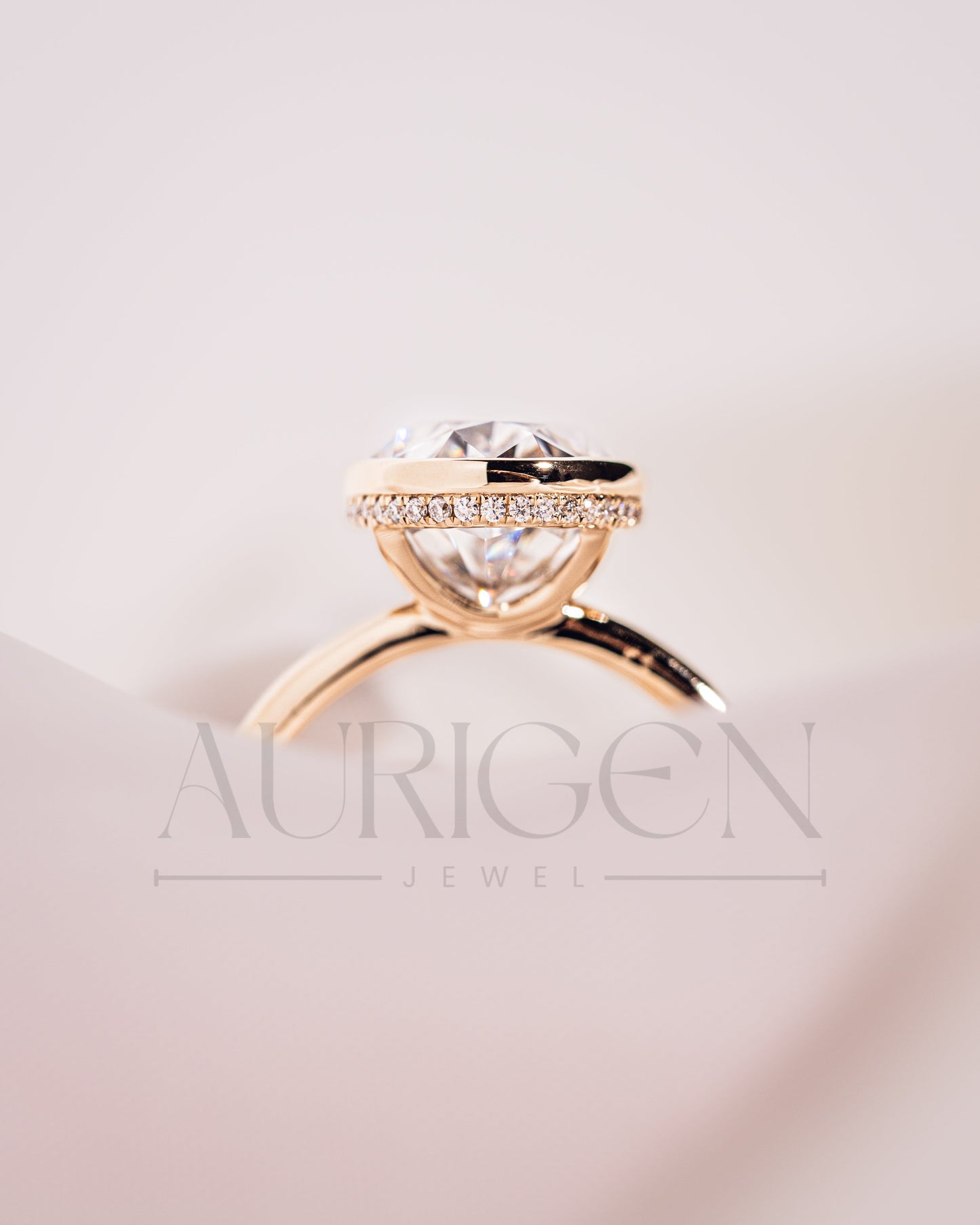 Modern Oval Cut Moissanite and Lab Grown Diamond Bezel Solitaire Ring in 14K Rose Gold