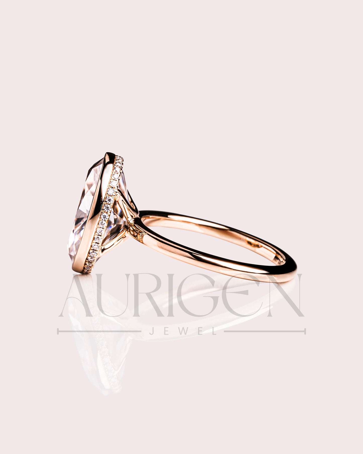 Modern Oval Cut Moissanite and Lab Grown Diamond Bezel Solitaire Ring in 14K Rose Gold