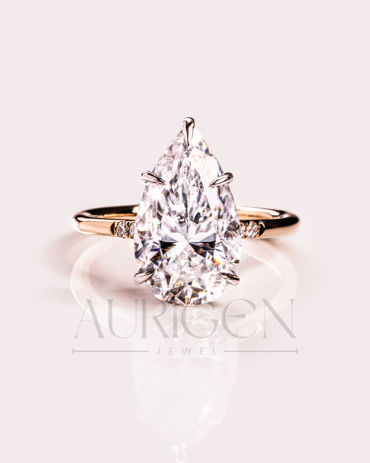 Sparkling Pear Cut Moissanite and Lab Grown Diamond Ring-14K Solid Gold