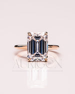 Emerald Cut Moissanite and Leb Engagement Ring with Hidden Halo Diamond in 14k Solid Gold