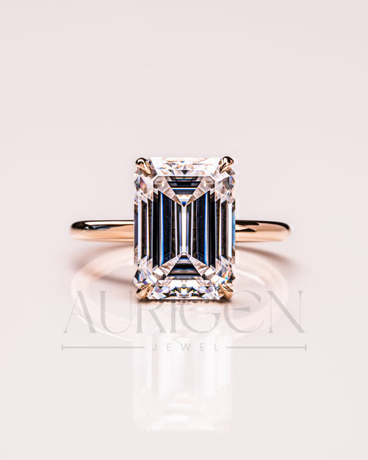 Emerald Cut Moissanite and Leb Engagement Ring with Hidden Halo Diamond in 14k Solid Gold