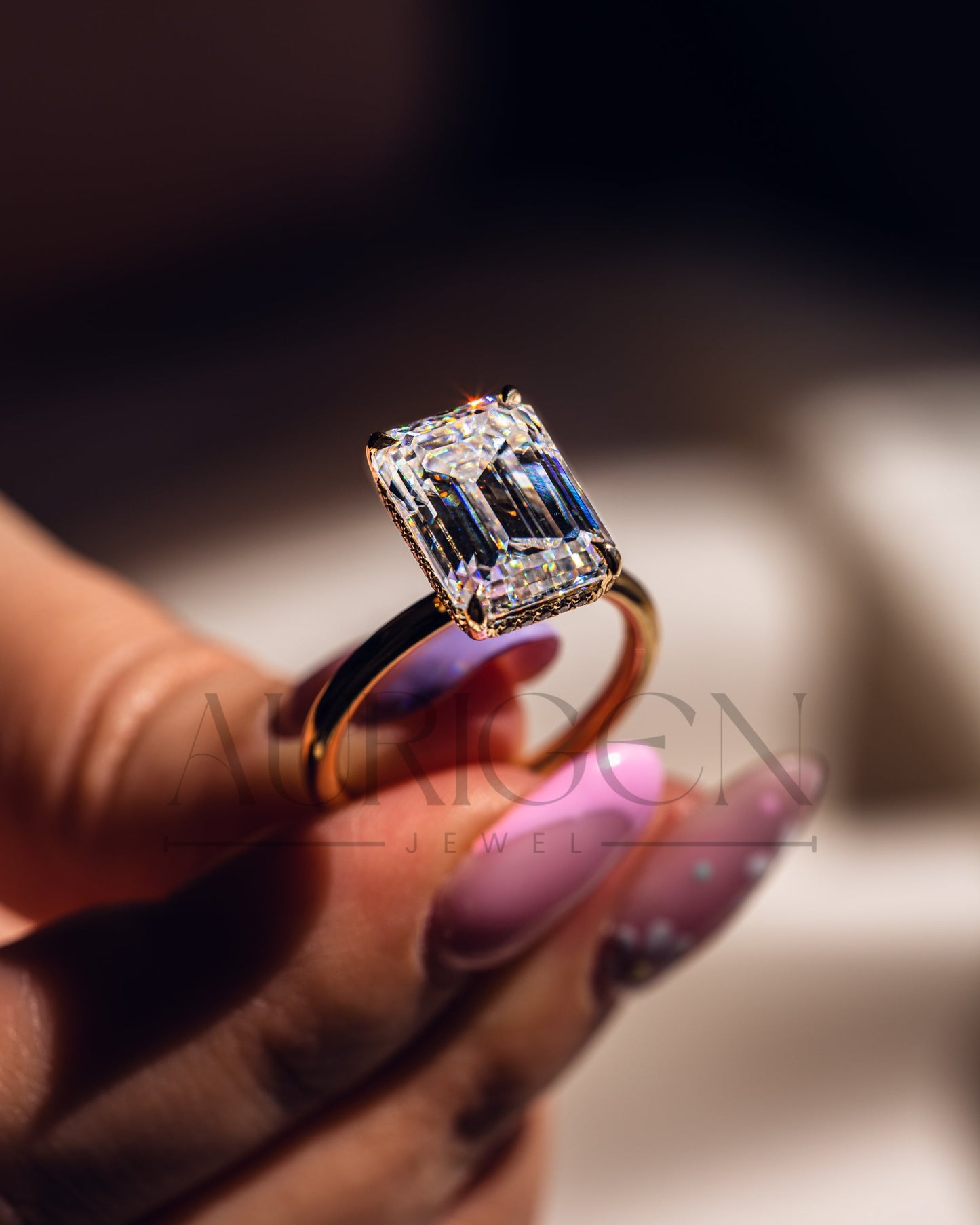 Emerald Cut Moissanite and Leb Engagement Ring with Hidden Halo Diamond in 14k Solid Gold