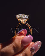 Emerald Cut Moissanite and Leb Engagement Ring with Hidden Halo Diamond in 14k Solid Gold