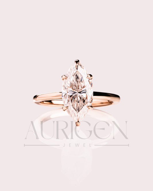 Elegant Marquise Cut Moissanite and Lab Grown Diamond Ring in 14k Yellow Gold