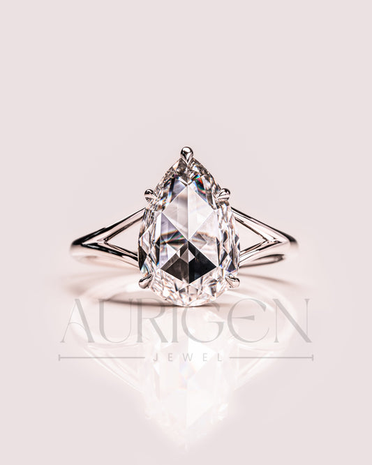 Dazzling Rose Cut Pear Lab Grown and Moissanite Diamond Solitaire Ring