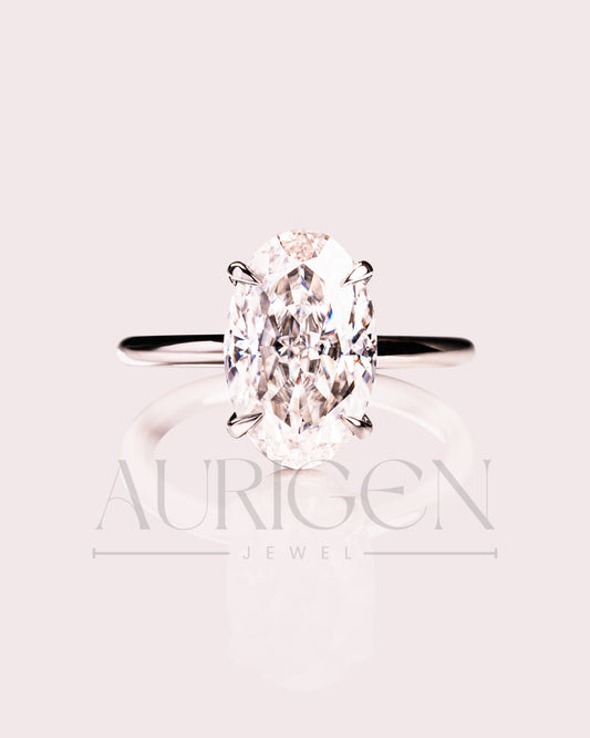 Sparkling Oval Cut Moissanite and Lab Grown Engagement Ring-14K Solid Gold