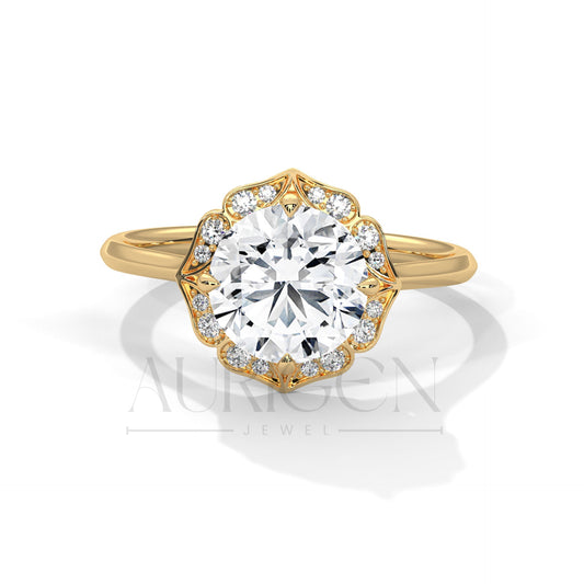 Floral Halo 2.00 CT Round Cut Diamond 14K Solid Gold Engagement Ring