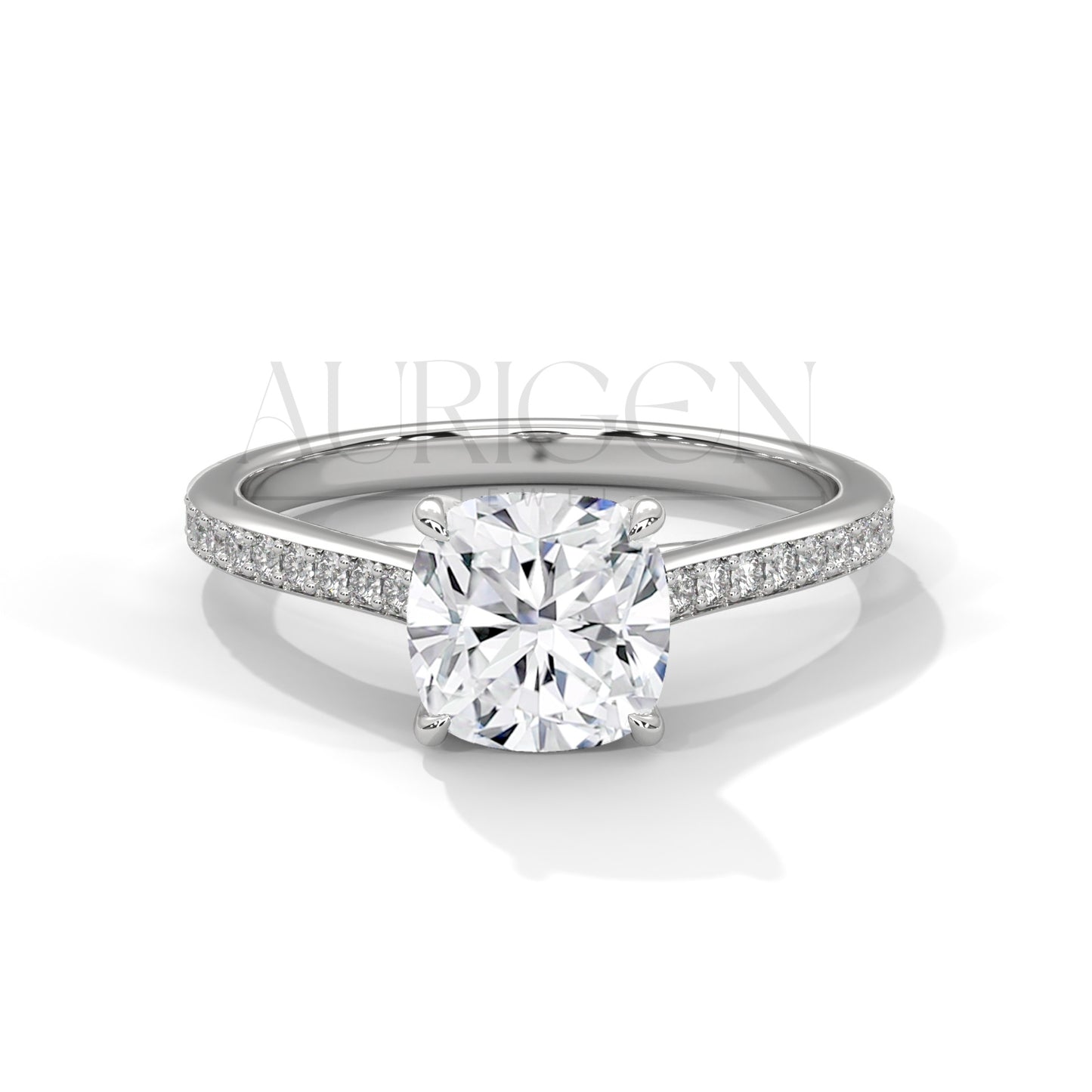 2 Ct Cushion Cut Diamond Engagement Ring with Pave Band in 14K White Gold