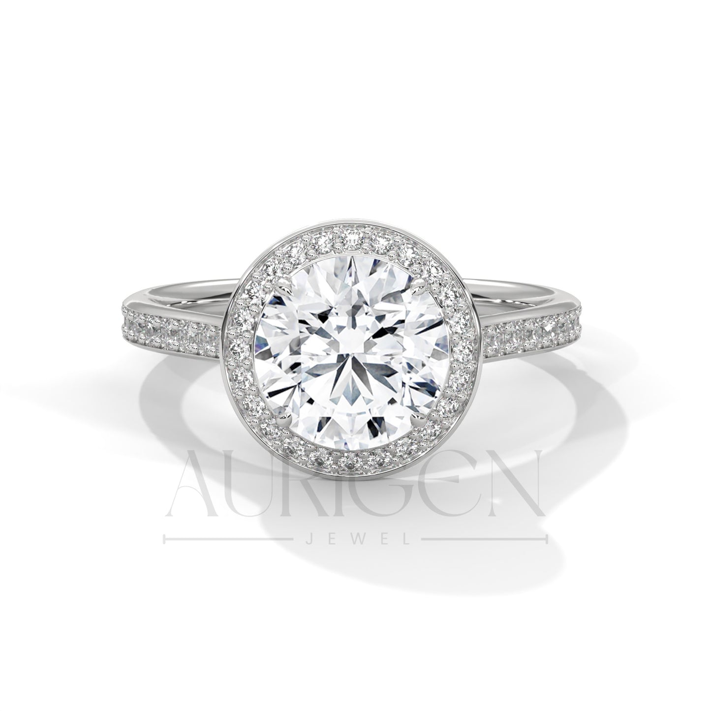 Round Halo Diamond Engagement Ring with Pave Band in 14K White Gold