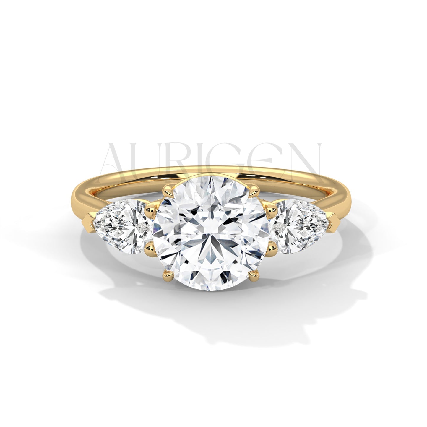 14K Solid Gold Three Stone Round Diamond Engagement Ring with Pear Side Stones