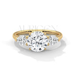 14K Solid Gold Three Stone Round Diamond Engagement Ring with Pear Side Stones