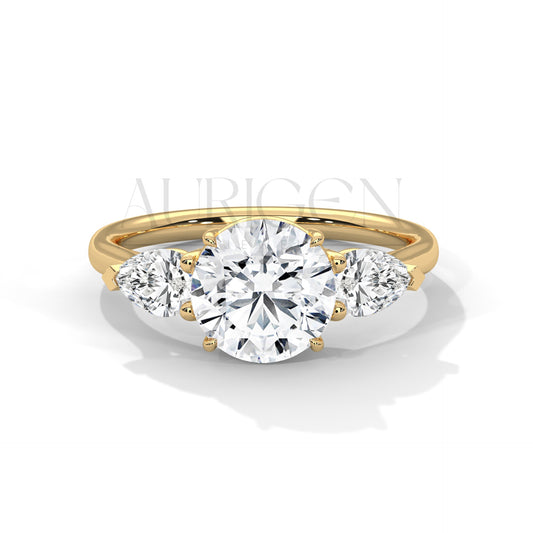14K Solid Gold Three Stone Round Diamond Engagement Ring with Pear Side Stones
