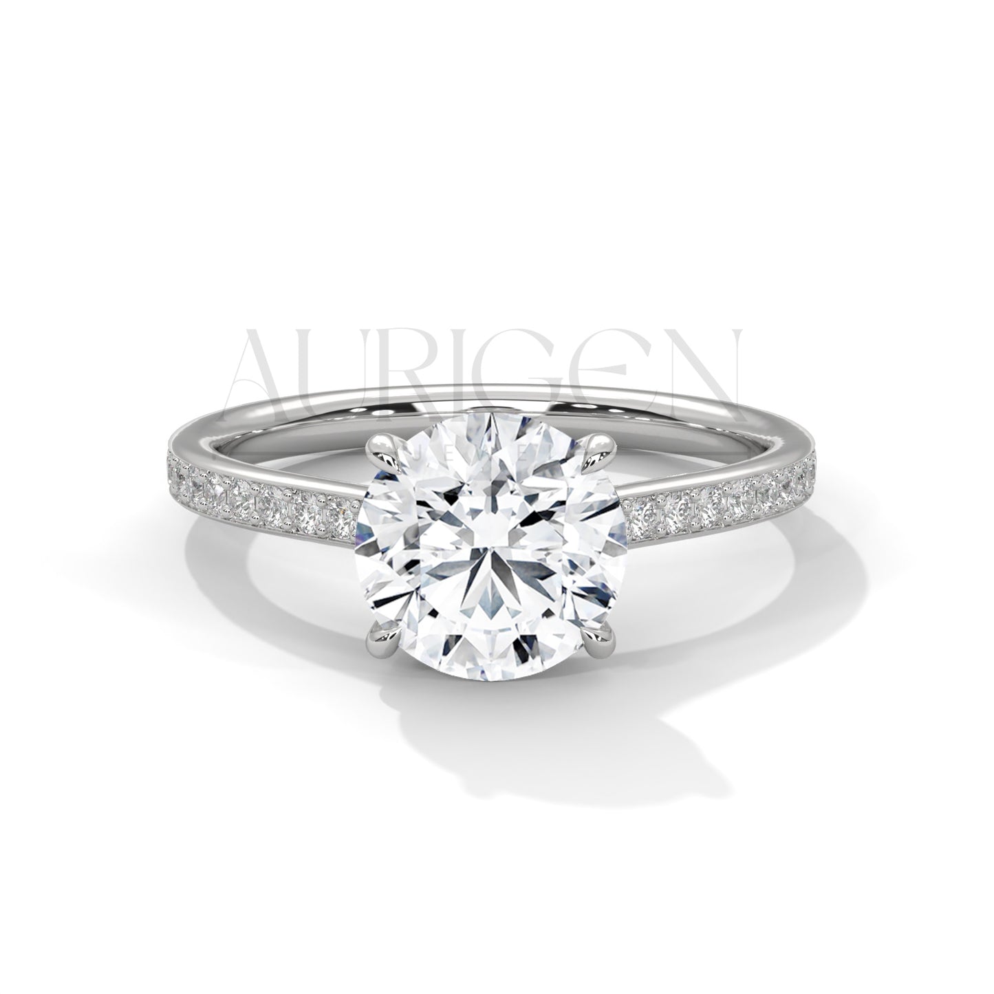 14K White Gold Round Solitaire Diamond Ring with Elegant Pave Design