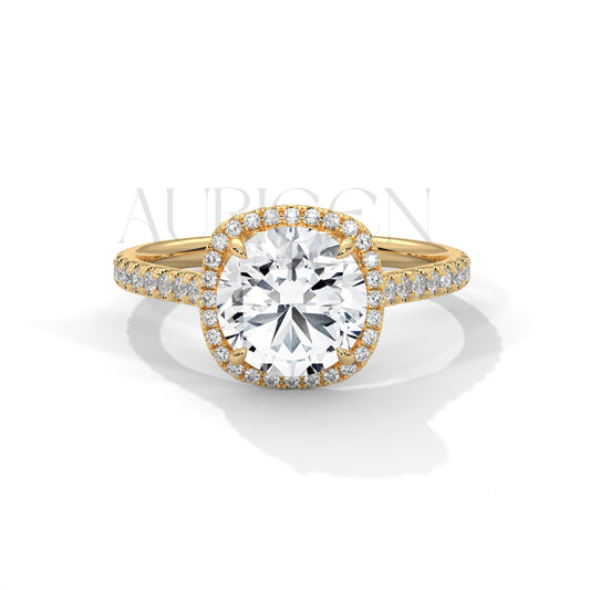 Round Brilliant Diamond Halo Engagement Ring in 14K Solid Gold with Pave Band