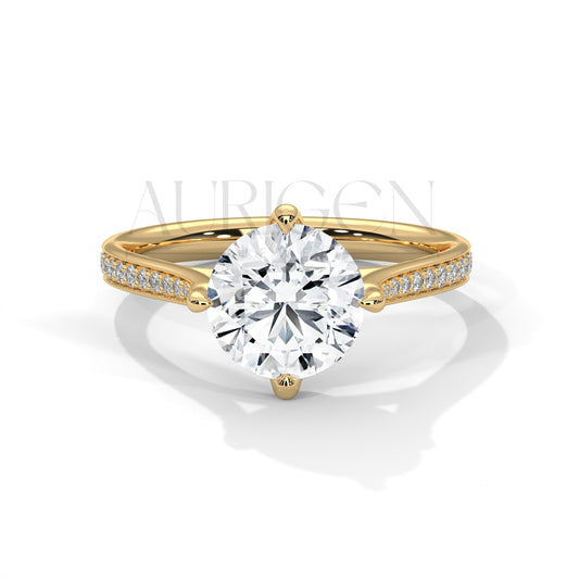 Sparkling Elegance: Round Cut Diamond with Side Pave Setting in 14K Yellow Gold Ring