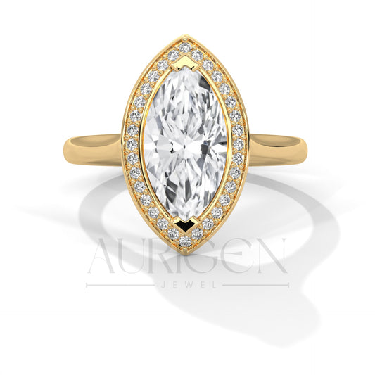 2 CT Marquise Engagement Ring with Bezel Halo 14K Solid Gold