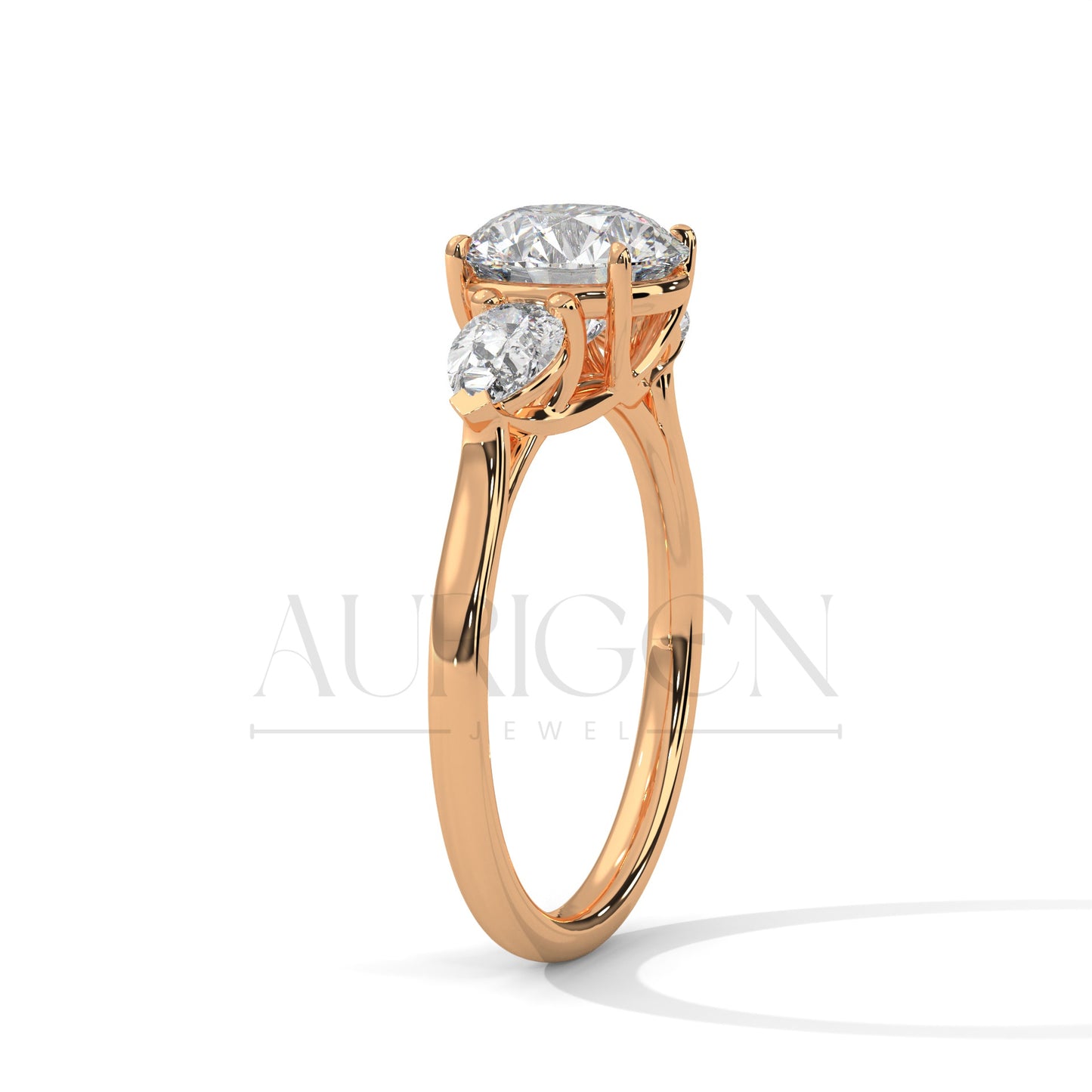 14K Solid Gold Three Stone Round Diamond Engagement Ring with Pear Side Stones