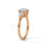 14K Solid Gold Three Stone Round Diamond Engagement Ring with Pear Side Stones