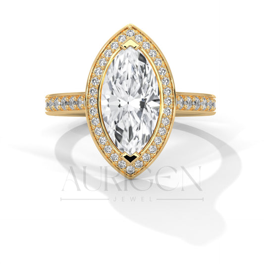 2 Ct Marquise Cut Diamond Ring with Halo and Pave Set Band