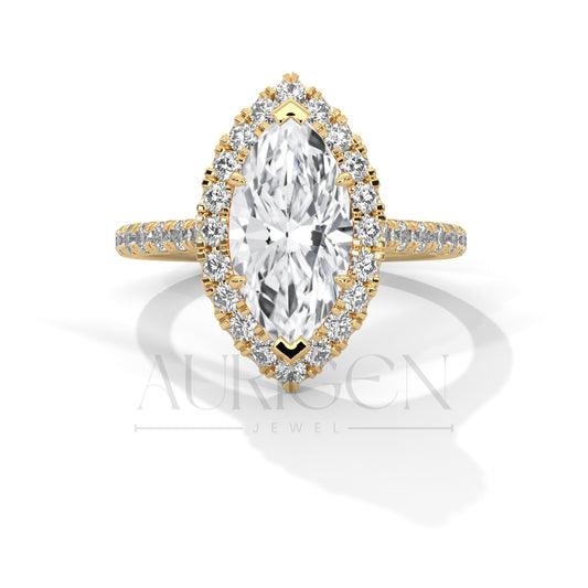 2 Ct Brilliant Marquise Diamond Ring with Halo and Pave Band