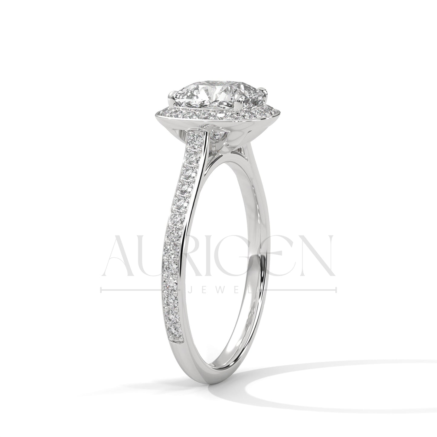 2 Ct Cushion Halo Diamond Engagement Ring with Pave Band in White Gold