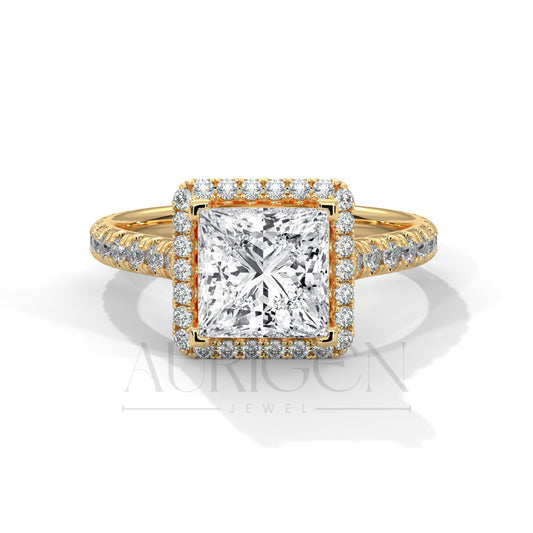 Dazzling Princess Cut Diamond Ring with Halo and Pave Shank