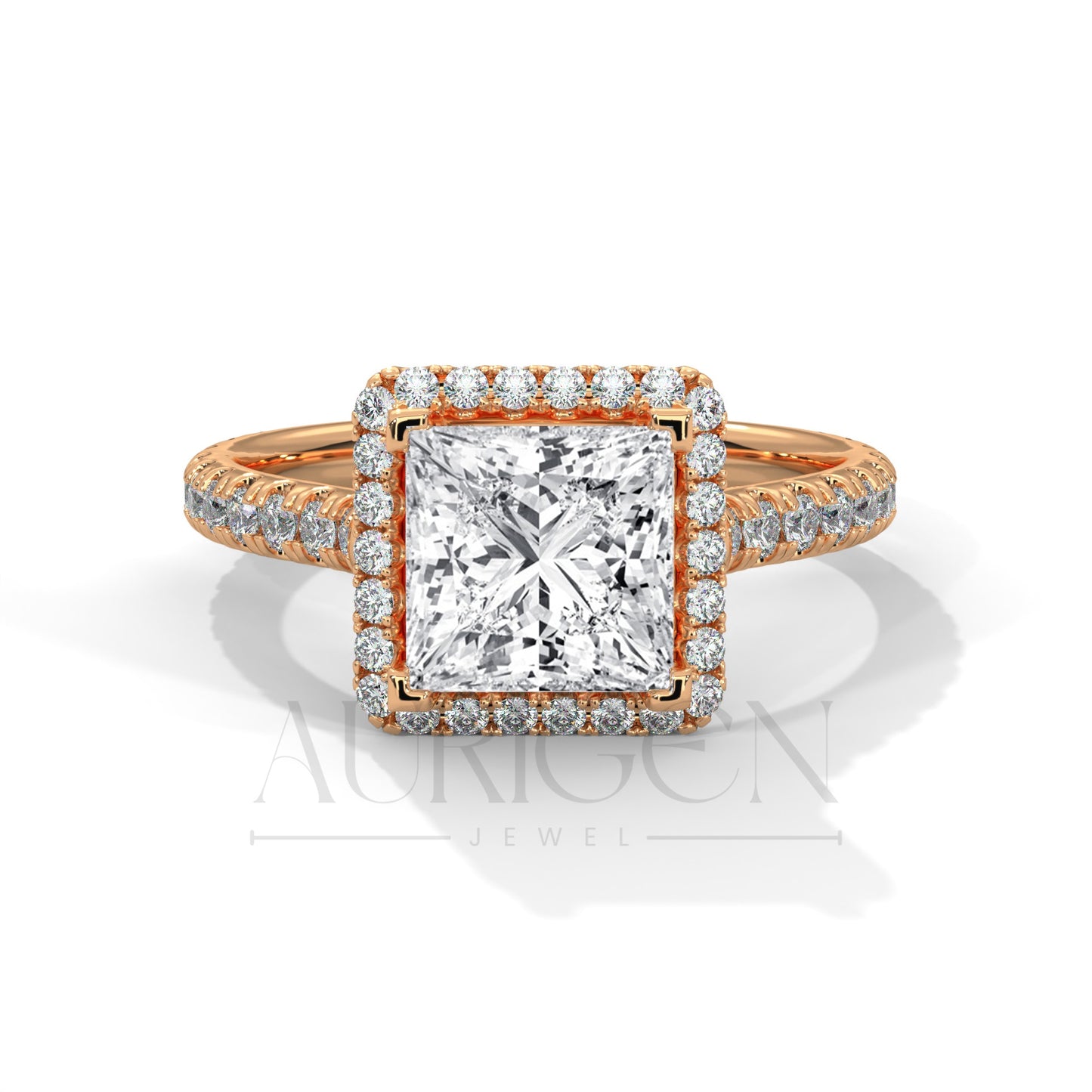 Dazzling Princess Cut Diamond Ring with Halo and Pave Shank