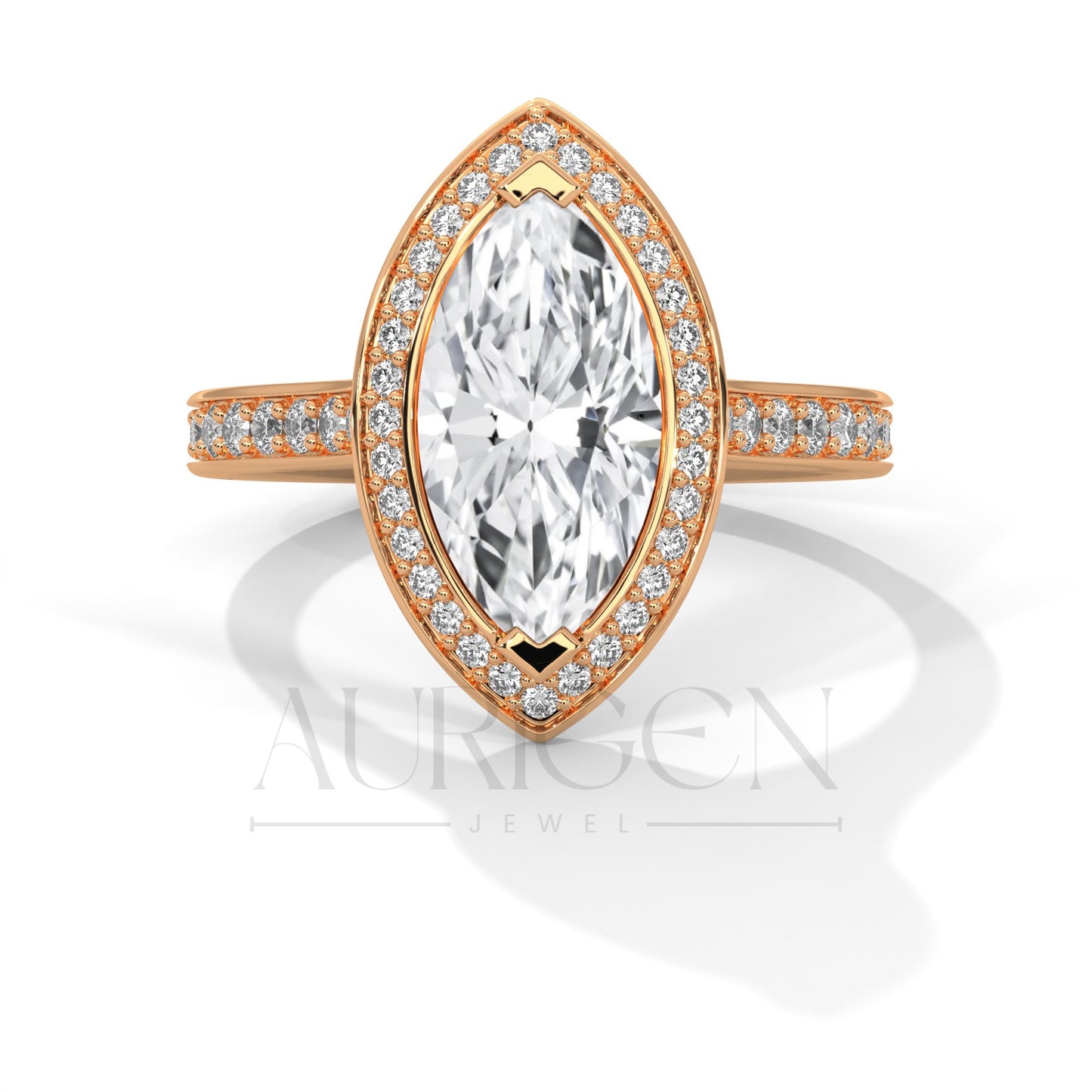 2 Ct Marquise Cut Diamond Ring with Halo and Pave Set Band