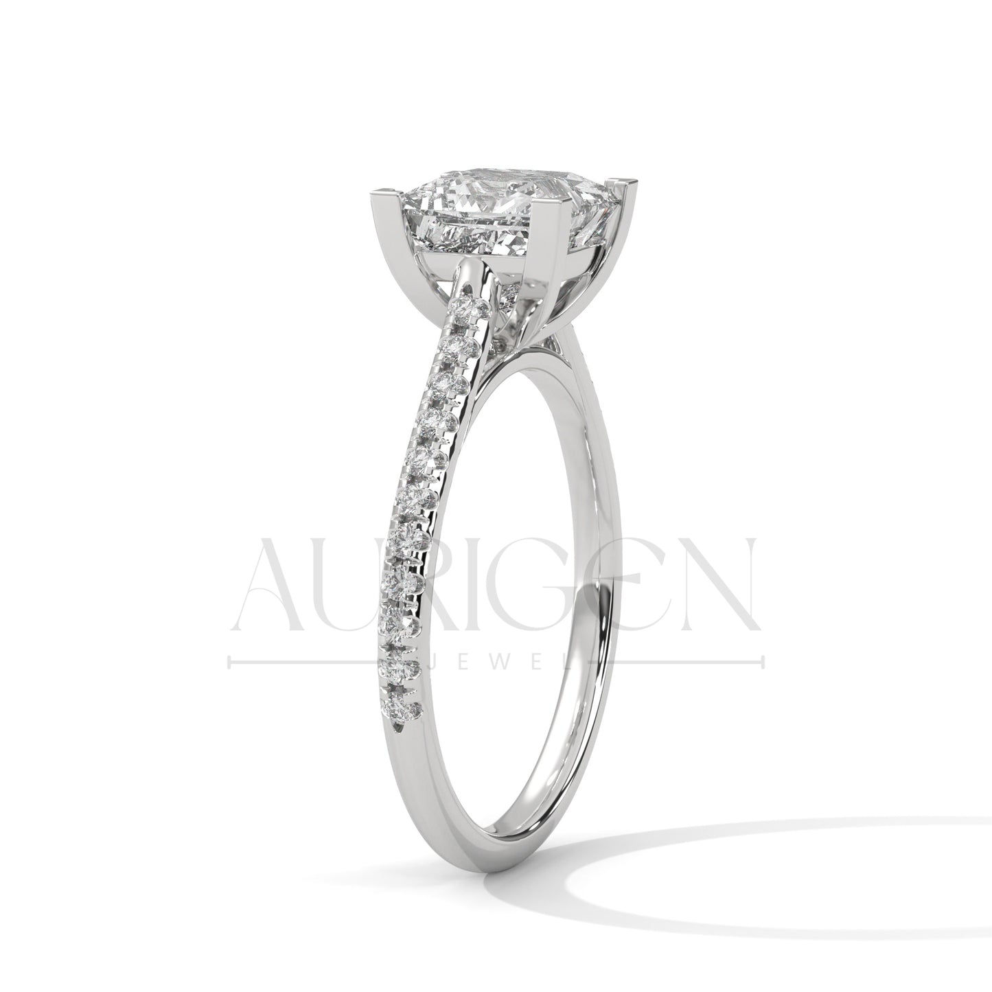 14K Solid Gold Engagement Ring with Princess Center and Pave Diamonds