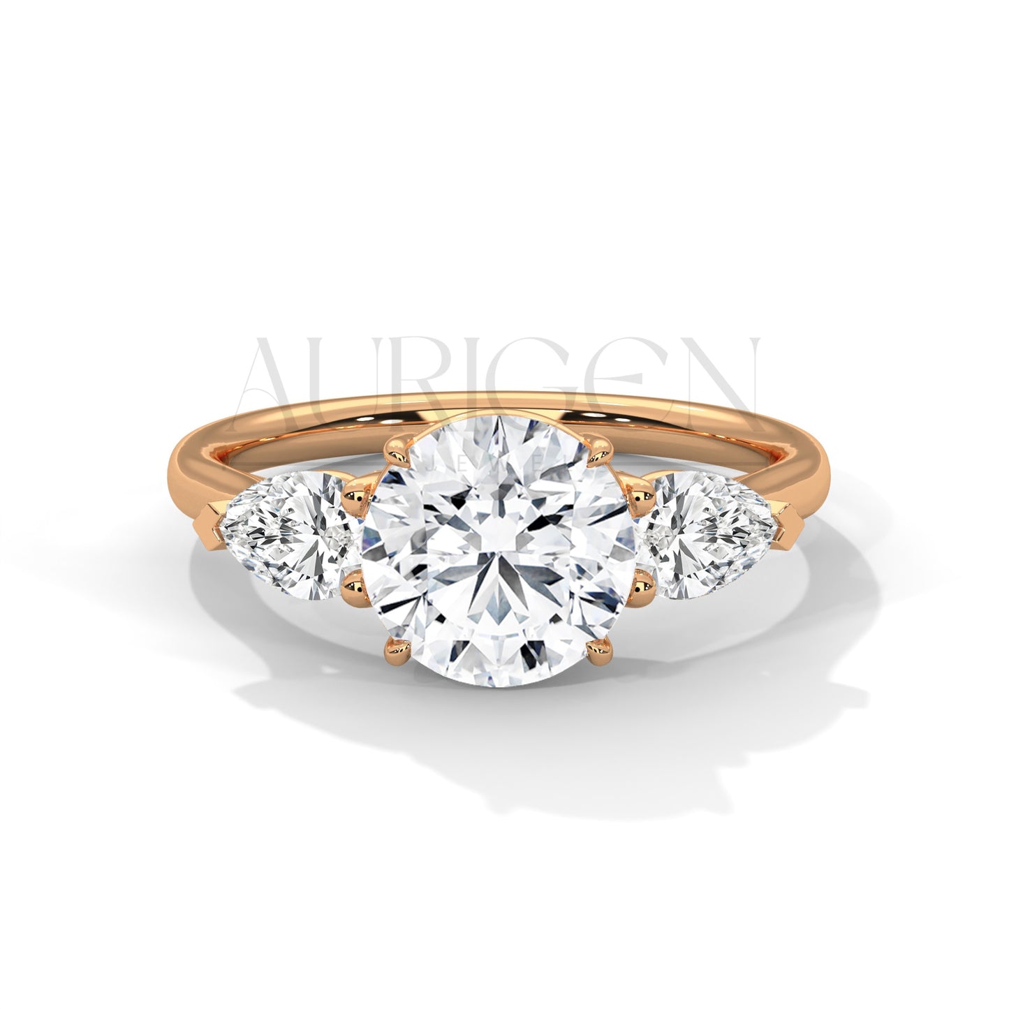 14K Solid Gold Three Stone Round Diamond Engagement Ring with Pear Side Stones