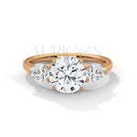 14K Solid Gold Three Stone Round Diamond Engagement Ring with Pear Side Stones