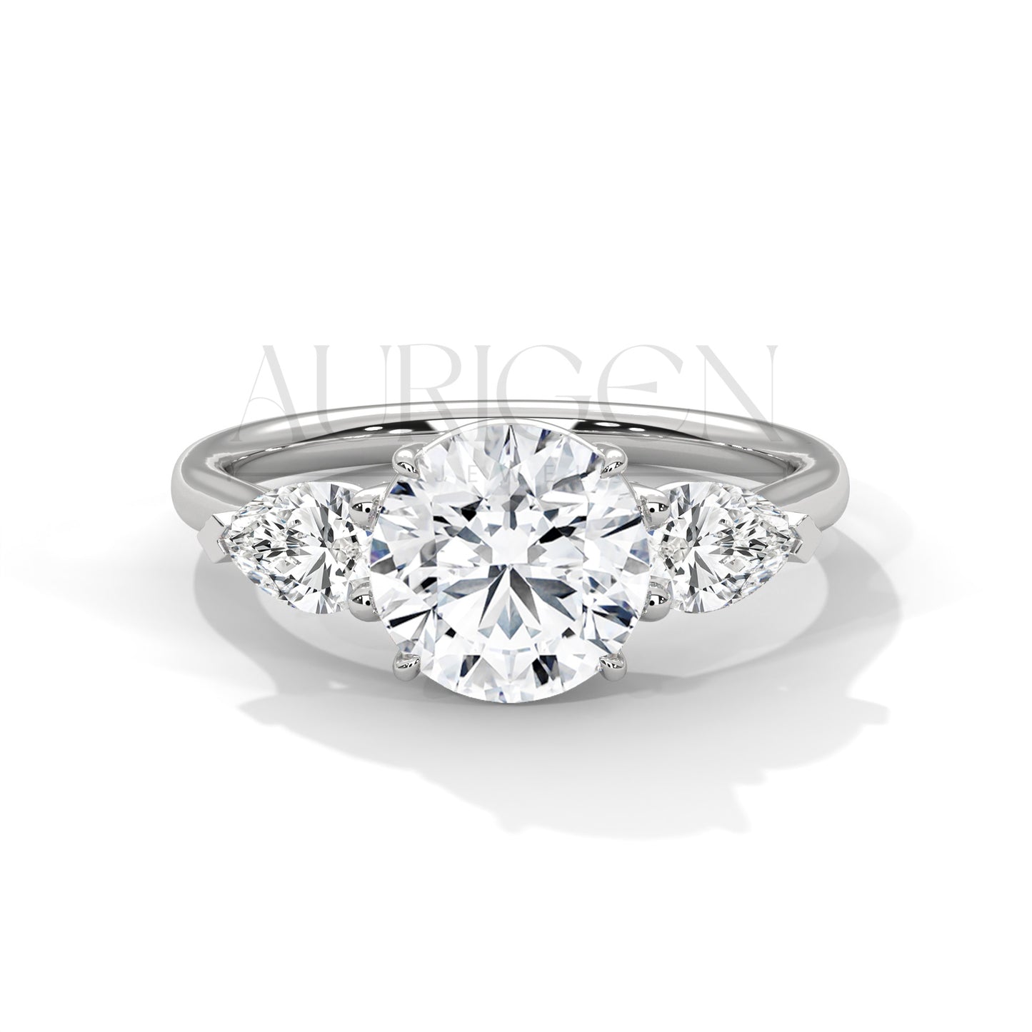 14K Solid Gold Three Stone Round Diamond Engagement Ring with Pear Side Stones
