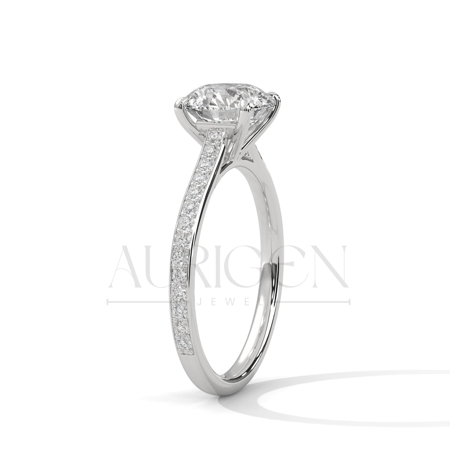 14K White Gold Round Solitaire Diamond Ring with Elegant Pave Design