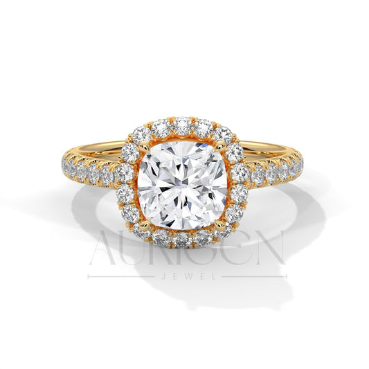 Luxurious Cushion Cut Engagement Ring with Halo and Pave Diamonds In 14K Solid Gold Ring
