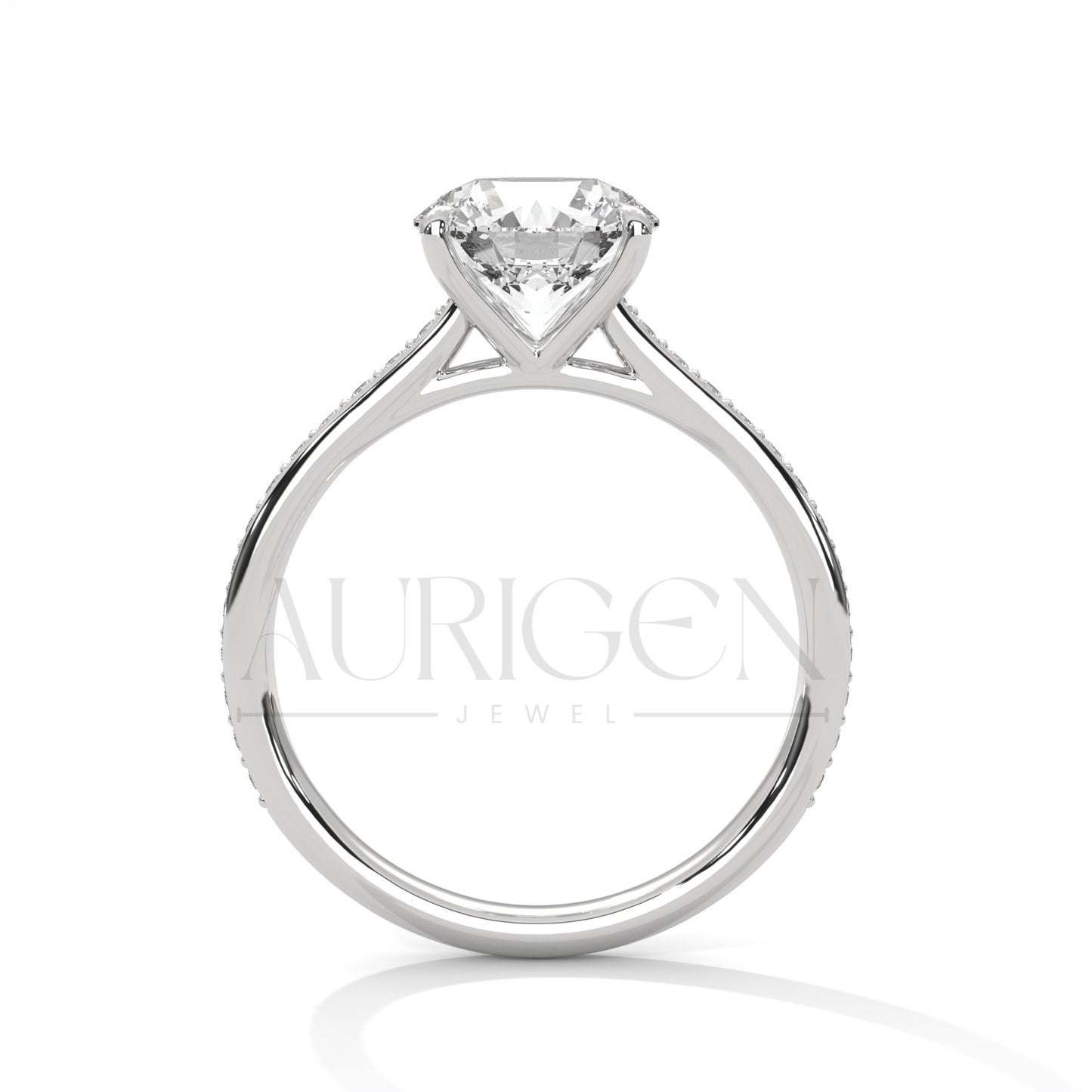 14K White Gold Round Solitaire Diamond Ring with Elegant Pave Design