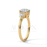 14K Solid Gold Three Stone Round Diamond Engagement Ring with Pear Side Stones
