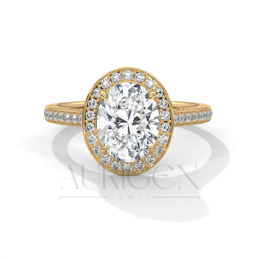 2 Ct Oval Halo Diamond Engagement Ring in 14K Solid Gold with Pave Band