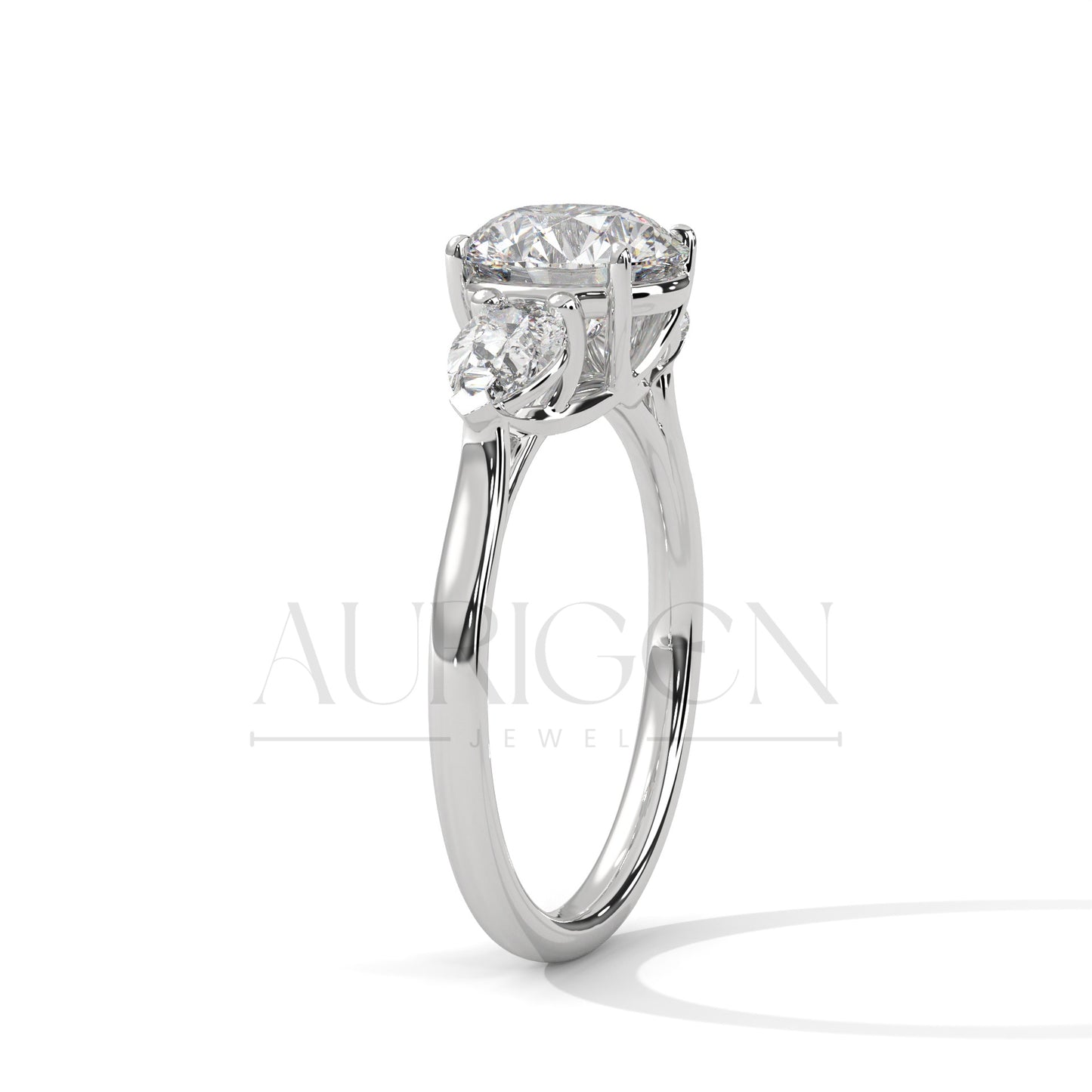 14K Solid Gold Three Stone Round Diamond Engagement Ring with Pear Side Stones
