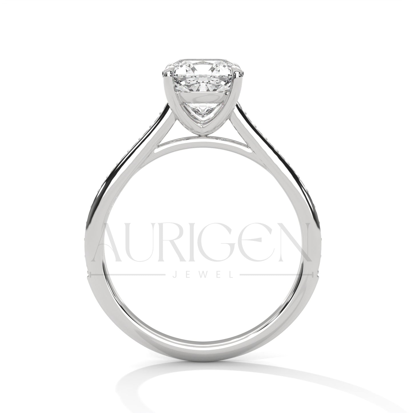 2 Ct Cushion Cut Diamond Engagement Ring with Pave Band in 14K White Gold